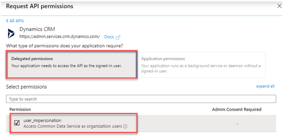 Screenshot of Request A P I permissions tab with Delegated permissions and user_impersonation selected.