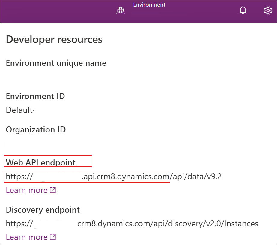 Screenshot of Developer Resources page with Web API endpoint.