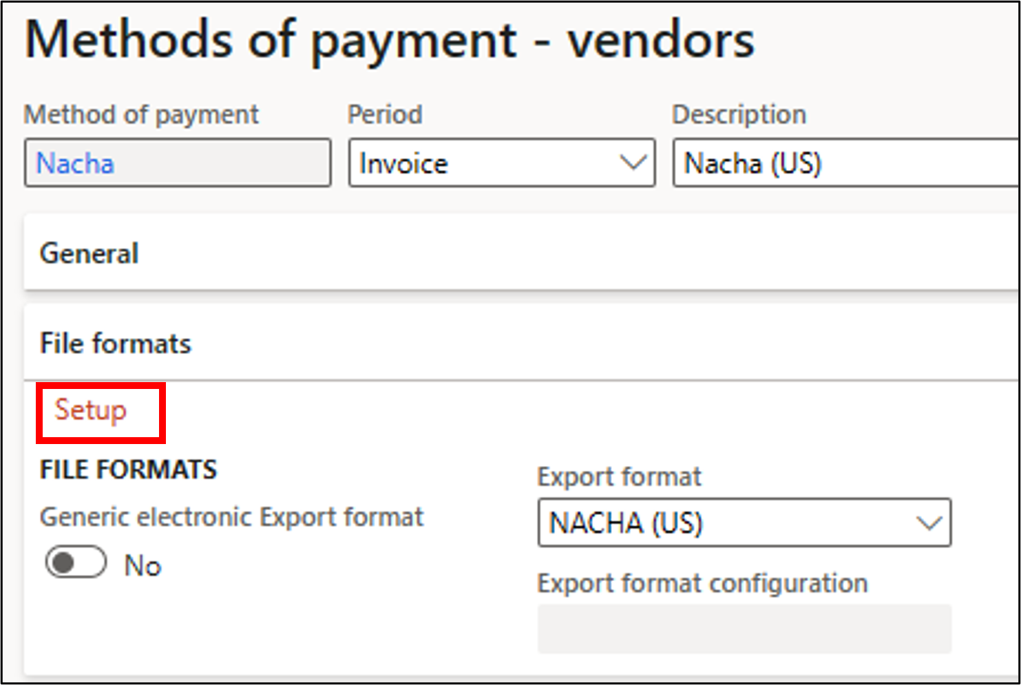  Screenshot of the Setup button on the File formats FastTab on the Methods of payments vendor page.