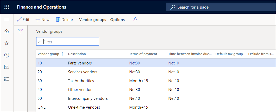 Screenshot of the finance and operations vendor groups page.