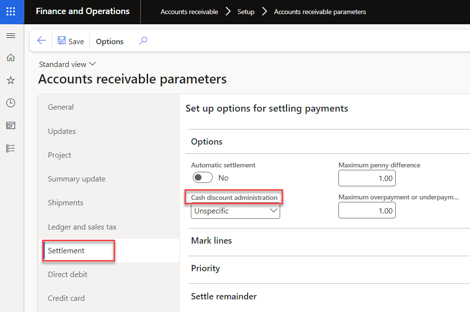 Screenshot of the Accounts receivable parameters page, with the Settlement tab and Cash discount administration highlighted.