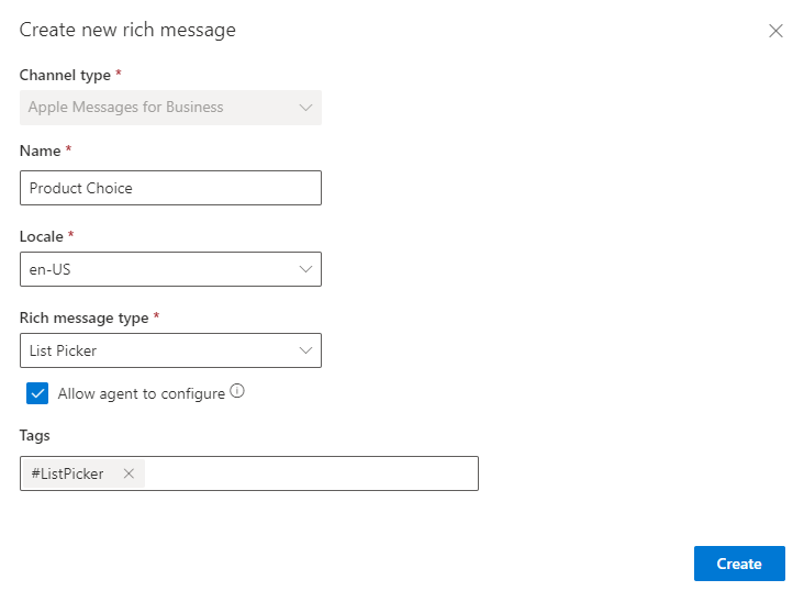 Screenshot of the Create new rich message dialog with details filled in.