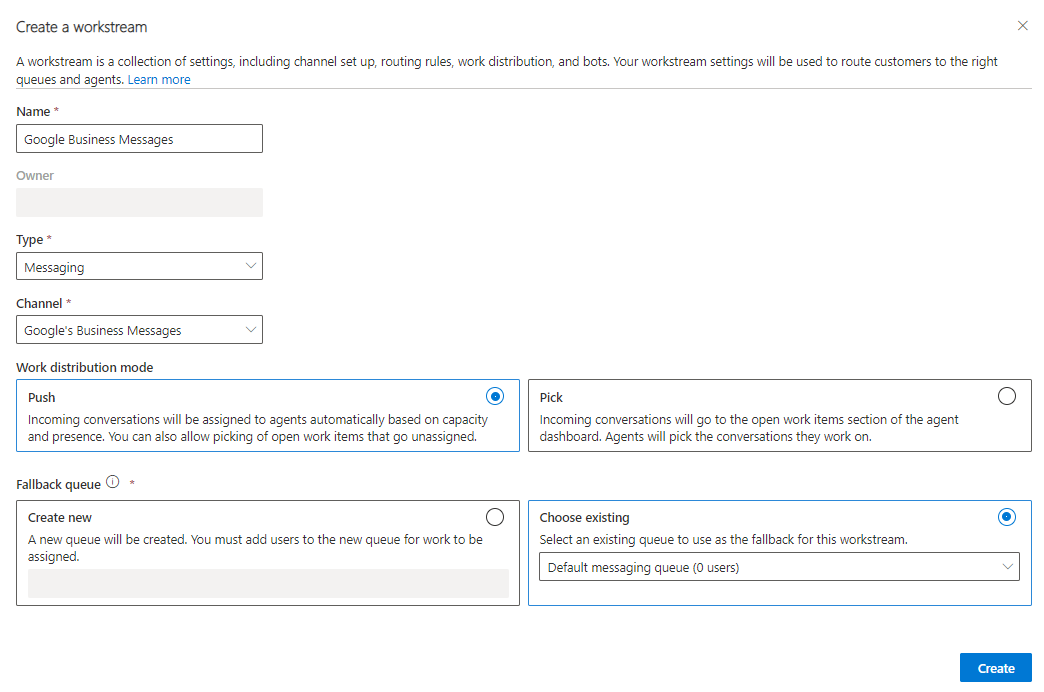 Screenshot of the Create a workstream page showing details filled in.