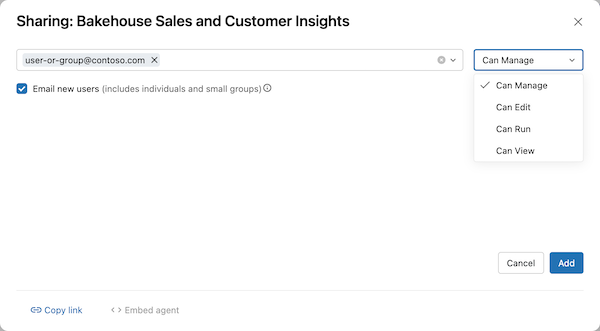 Screenshot of the Azure Databricks Genie Agent sharing dialog with group permissions.