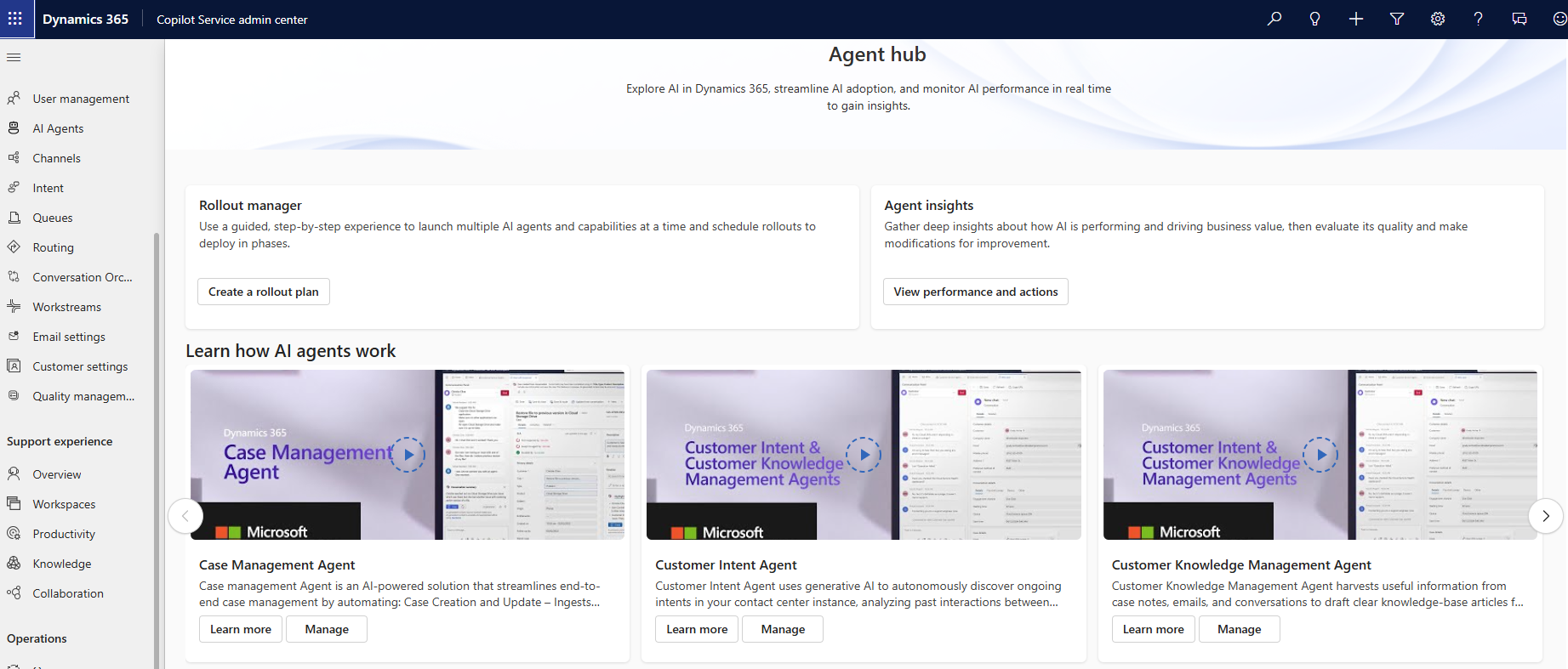 Screenshot of the Agent Hub page in Copilot Service admin center showing available agents and rollout options.