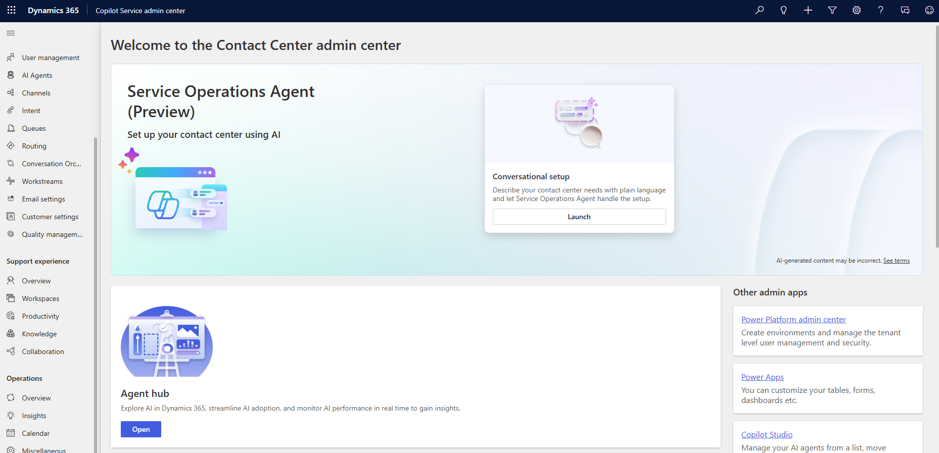 Screenshot of the Copilot Service admin center showing the site map navigation and configuration options.
