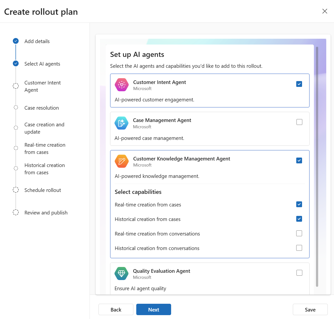 Screenshot of the Rollout manager page in Copilot Service admin center showing the guided steps for creating a rollout plan.