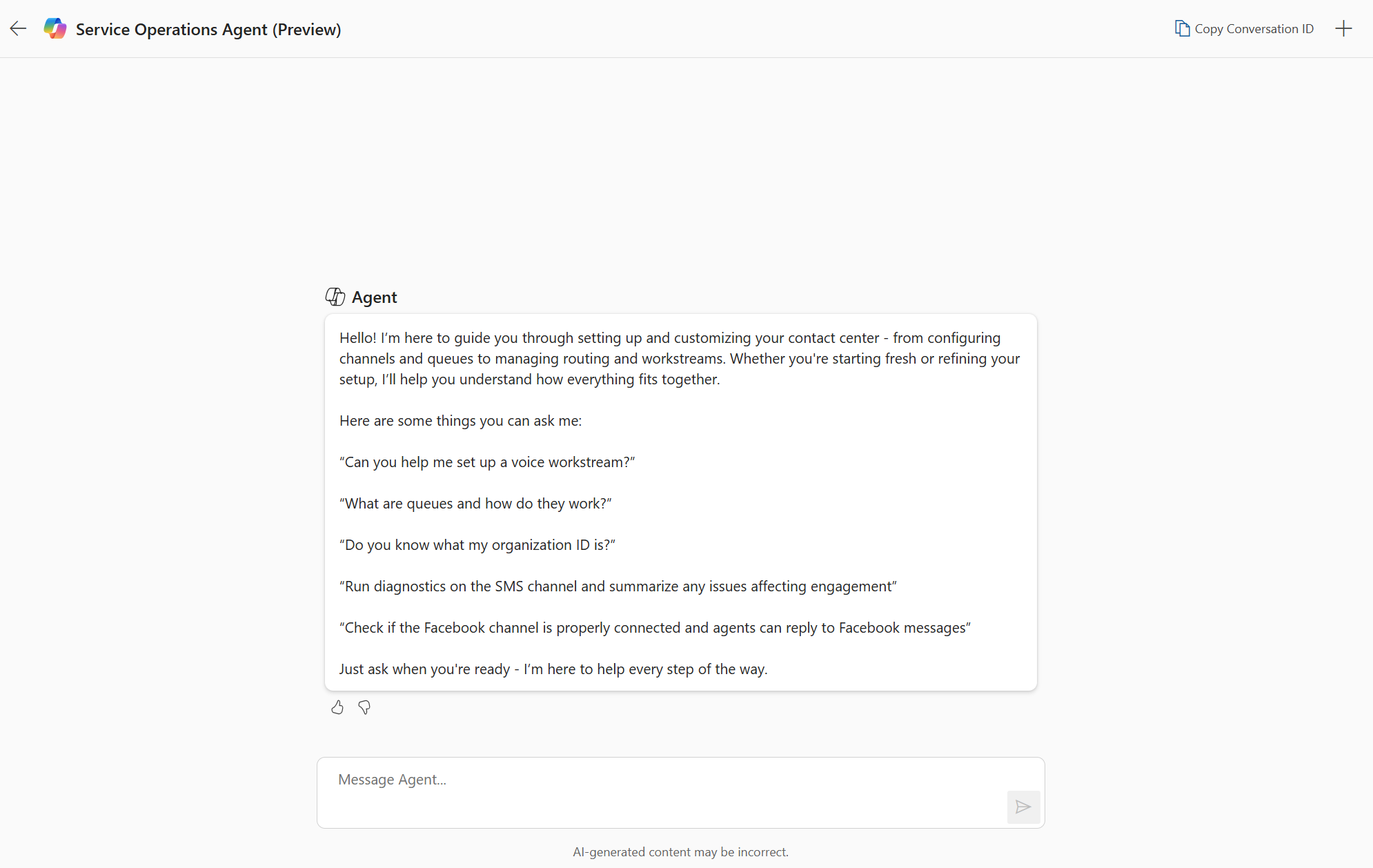 Screenshot of the Service Operations Agent in Copilot Service admin center showing the conversational setup interface.