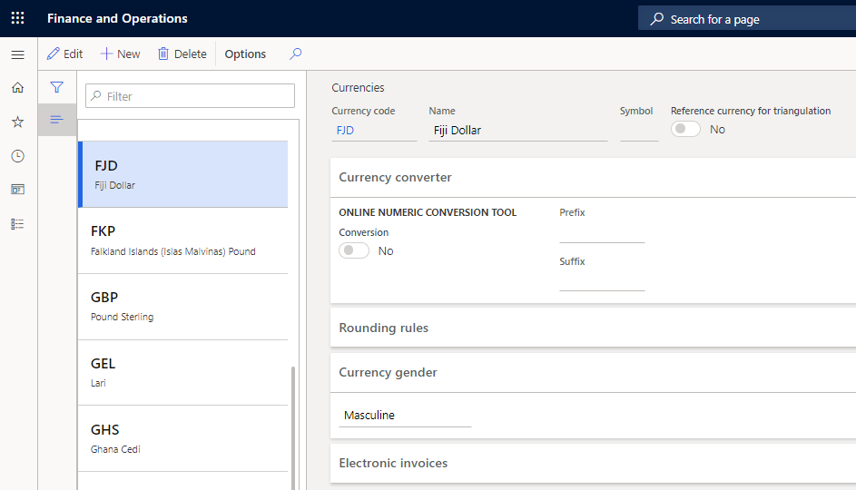 Screenshot of the Currencies page showing the Reference currency for triangulation check box.