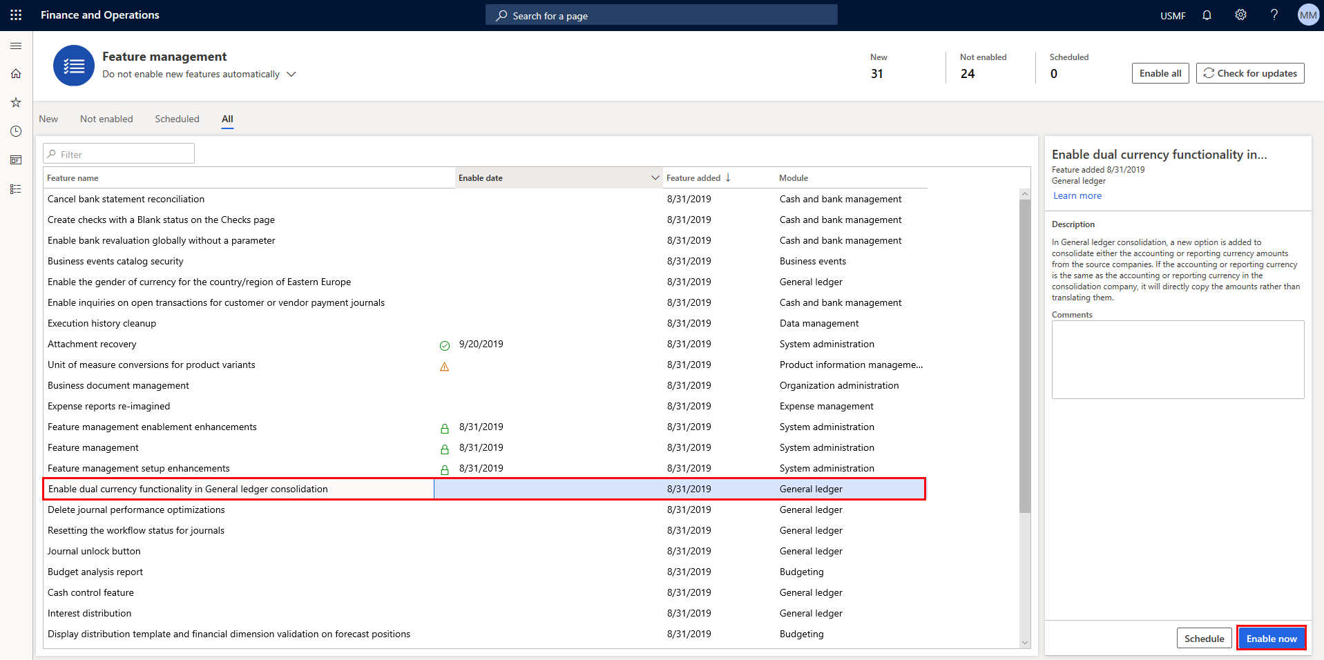 Screenshot of the Feature management  workspace highlighting Enable dual currency functionality in General ledger consolidation.