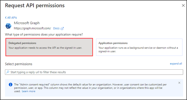 Azure Request API permissions screen emphasizing the Delegated permissions required for a custom connector.