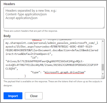 Screenshot of the response in the Body field and the Import button.