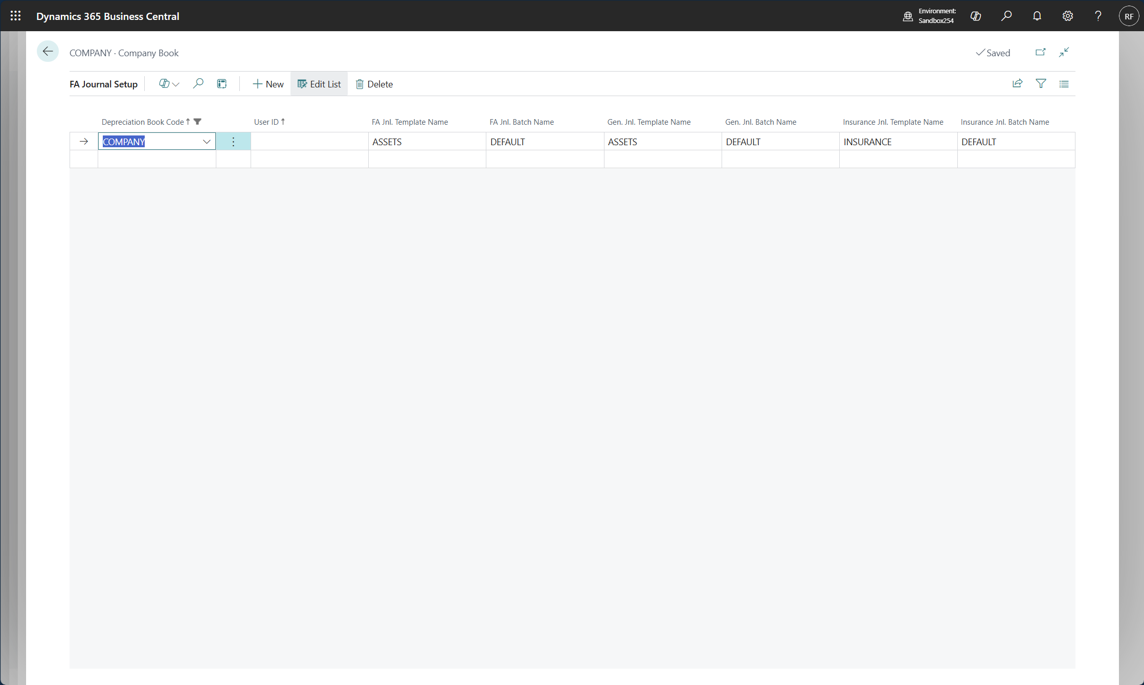 Screenshot of the fixed asset journal setup page.