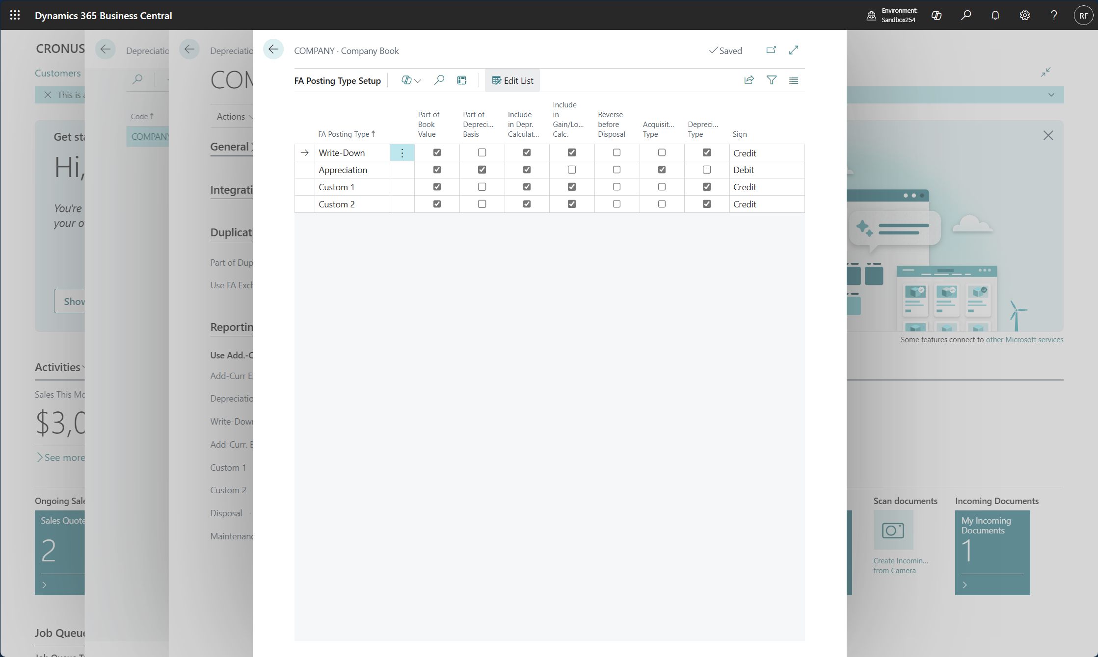 Screenshot of the fixed asset posting type setup page.