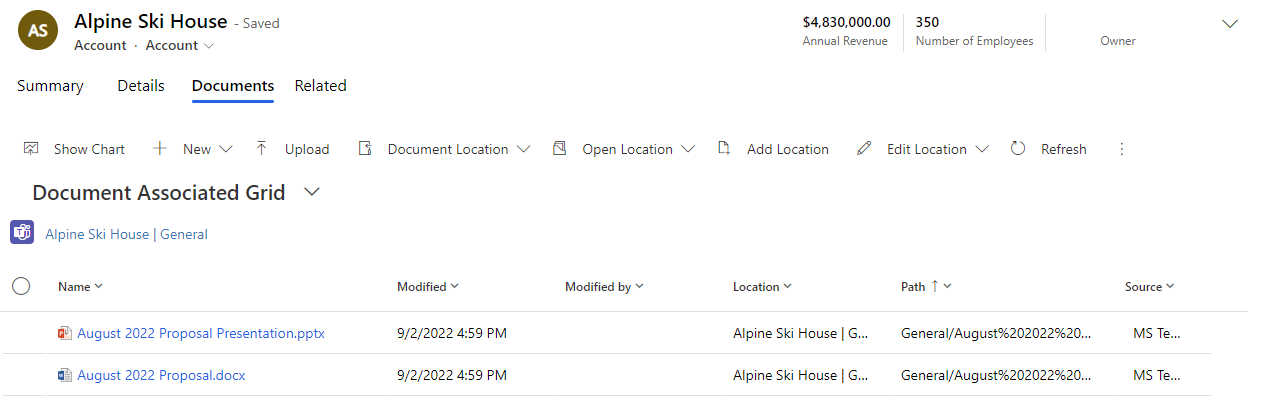Screenshot showing an account in Dynamics 365 with the Document Associated Grid showing for that account.