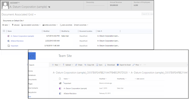 Screenshot of a list of documents that are associated with an Account in Dynamics 365 and in SharePoint.