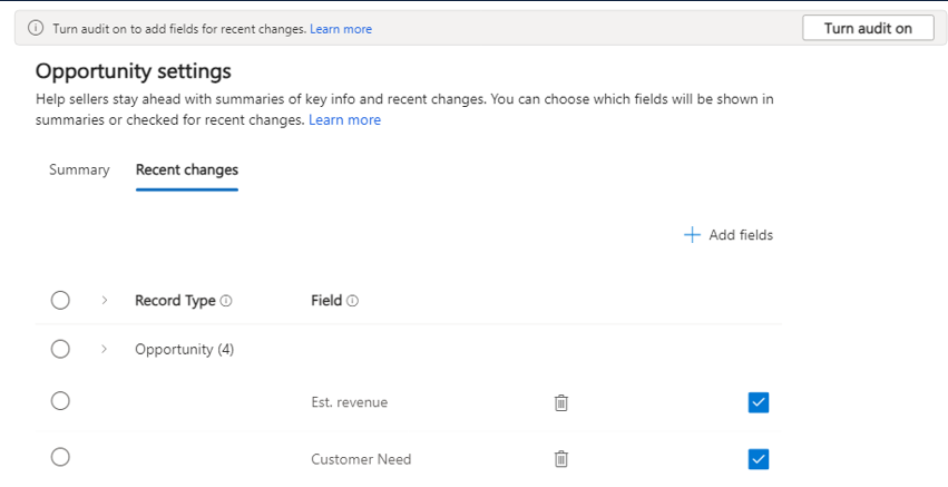 Screenshot of the audit history settings.