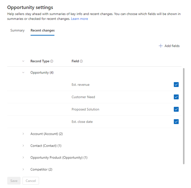 Screenshot of the opportunity fields.