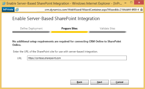 Screenshot of a window showing Enable Server-Based SharePoint Integration on the Prepare Sites step.