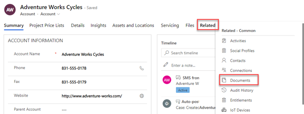 Screenshot of the Account page in Dynamics 365, showing the Related tab, where Documents is selected from the dropdown menu.