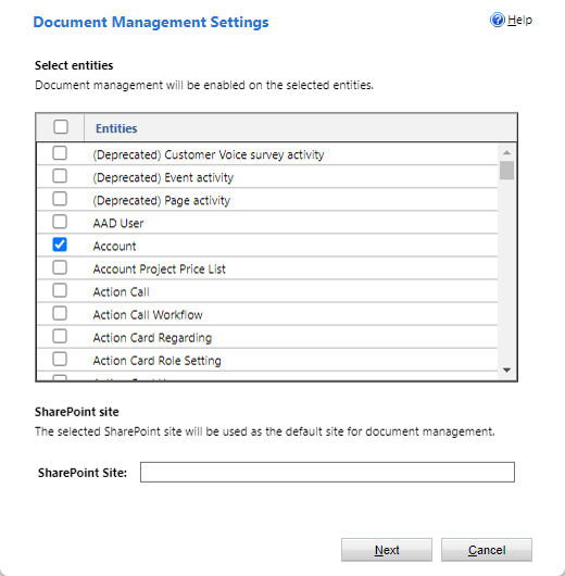 Screenshot of the Document Management Settings screen with the option to specify tables to enable document management.
