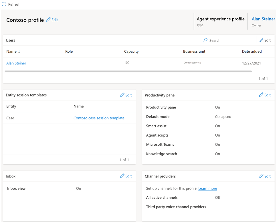 Screenshot of a new experience profile open in Copilot Service admin center, showing configuration sections including productivity pane, Copilot AI features, channels, and users.