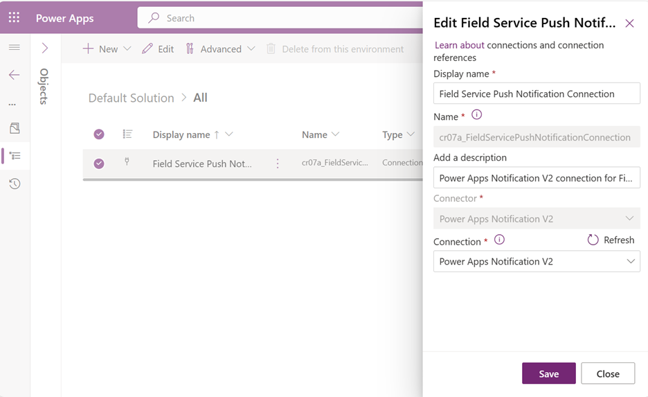 Screenshot of the Edit Field Service push notification flows.