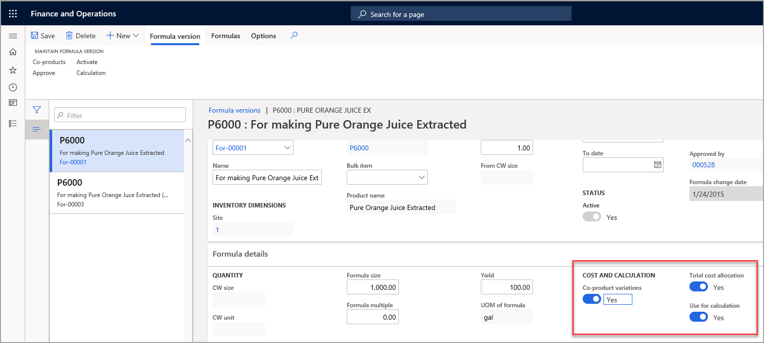 Screenshot of the Formula versions page with the Cost and calculation field highlighted.