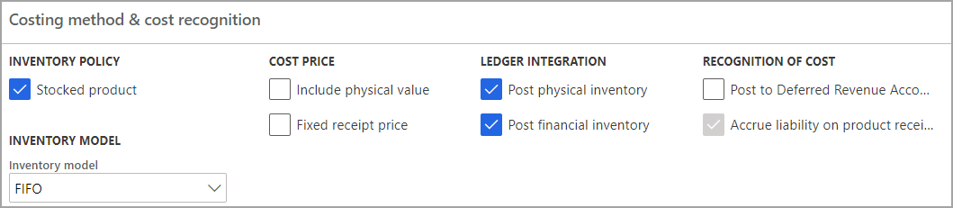 Screenshot of the Costing method & cost recognition field group.