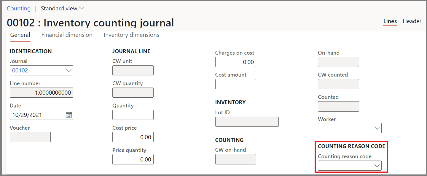 Screenshot of the Inventory counting journal page with the Counting reason code field highlighted.