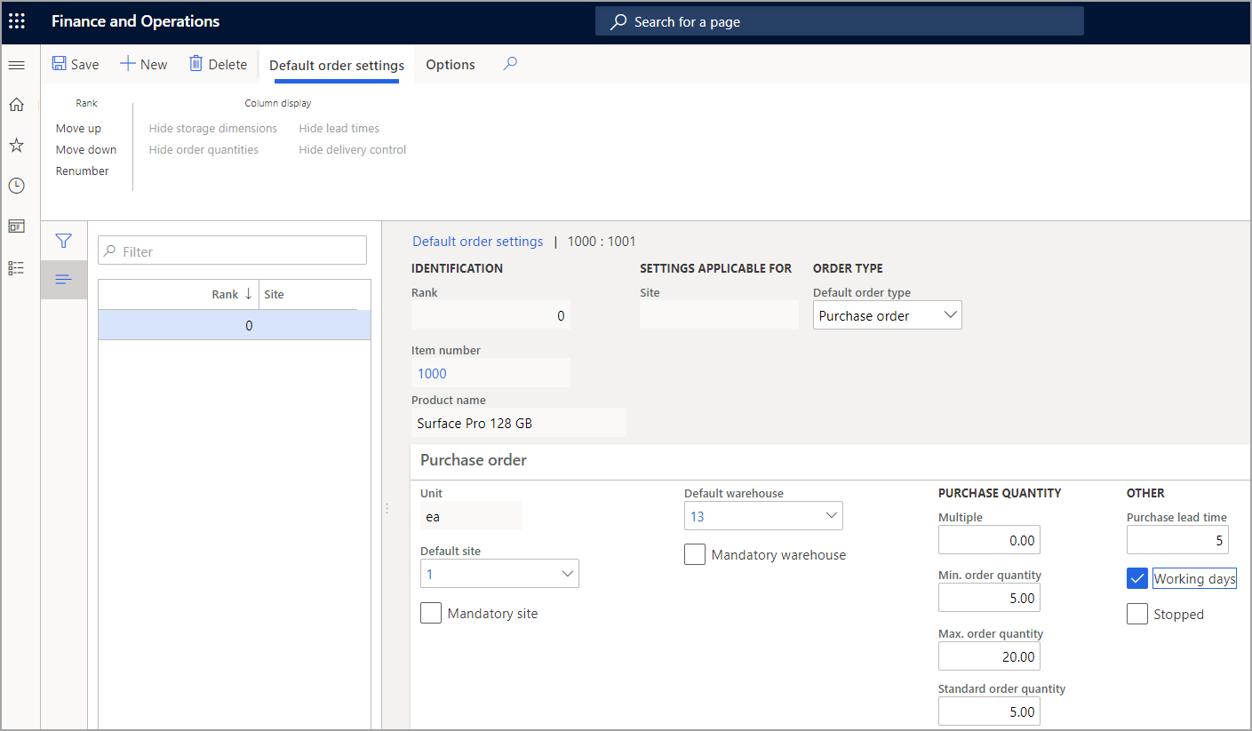 Screenshot of the Default order settings page.