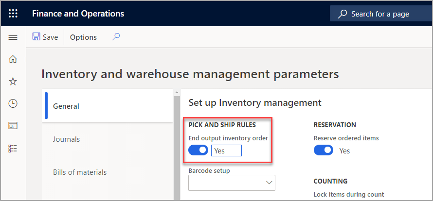 Screenshot of the End output inventory order set to Yes.