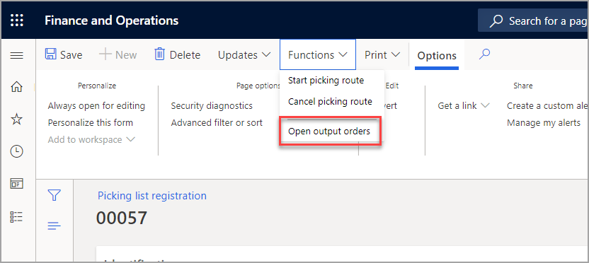 Screenshot of the Open output orders option in the Functions dropdown menu.