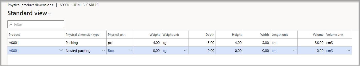 Screenshot of the Physical product dimensions page.