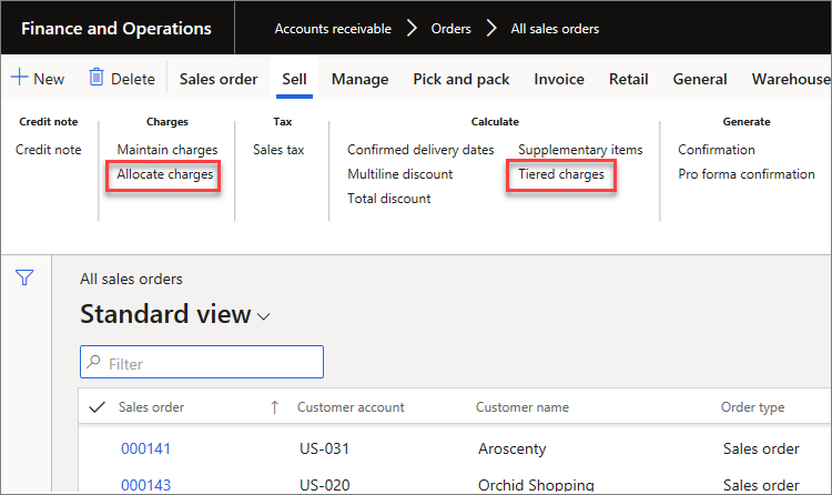 Screenshot of the All sales orders page with the Allocate charges and Tiered charges options highlighted.