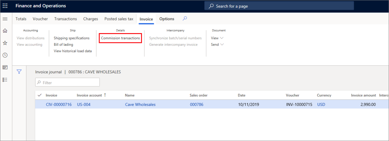 Screenshot of the Commission transactions button on the Invoice journal page.