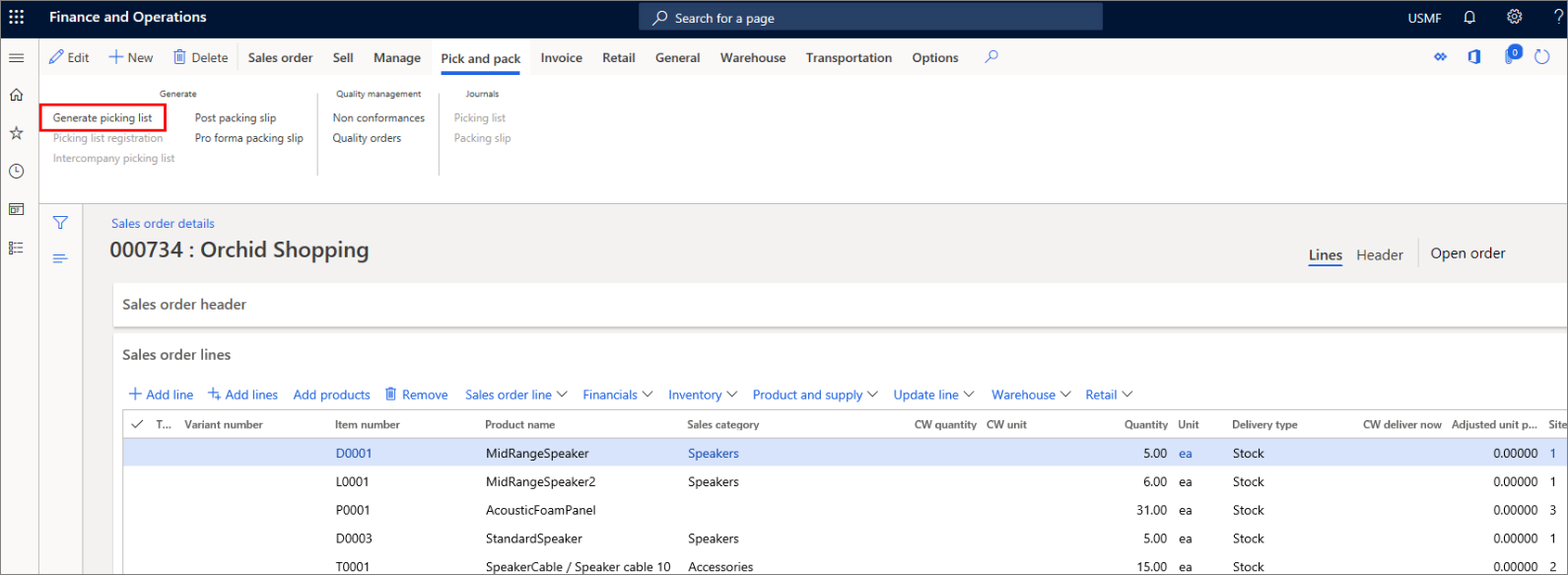 Screenshot of the Generate picking list button.