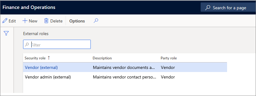 Screenshot of the  External roles page showing Vendor (external) and Vendor admin (external).