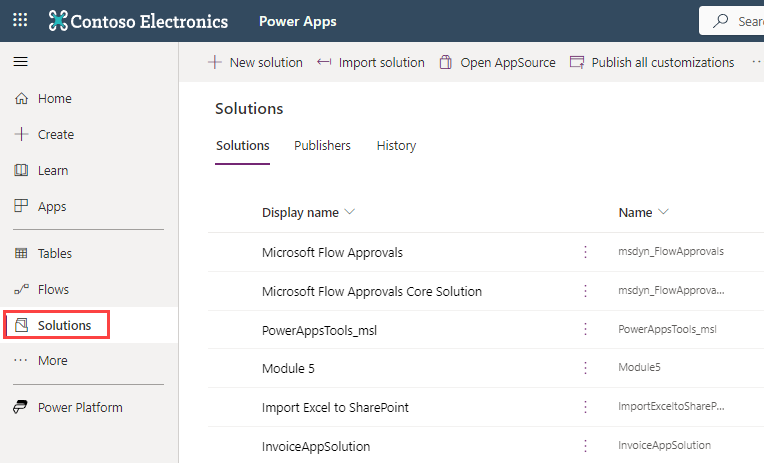 Screenshot of make.powerapps homepage with solutions highlighted.