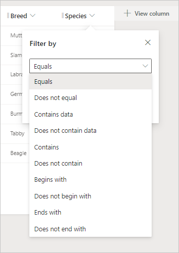 Screenshot of the Filter by popup with condition options displayed.