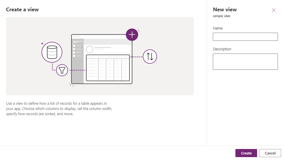 Screenshot of the Create a view dialog window with New View button, Name, and Create highlighted.