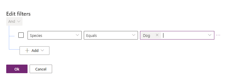 Screenshot of the Edit filters pane showing a condition for the filter, Species Equals Dog.