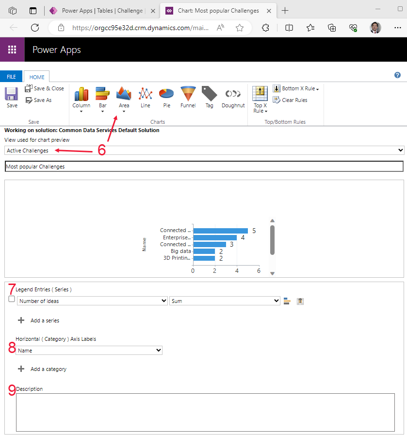Screenshot of Power Apps showing Charts controls.