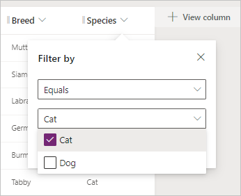 Screenshot of filter by popup with available values from the column.
