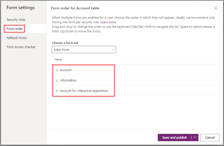 Screenshot of the Form Order window to specify display order.