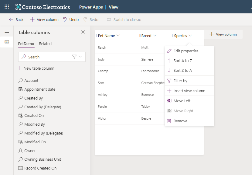 Screenshot of an example showing added columns and options for a selected header.