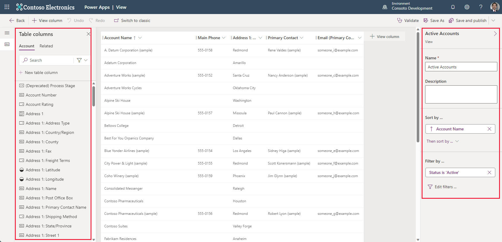 Screenshot of View designer with Table Columns and the properties panels highlighted.
