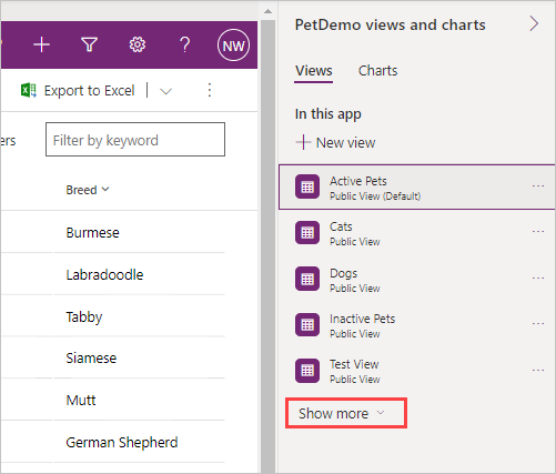 Screenshot of the views properties pane with the Show more button highlighted.