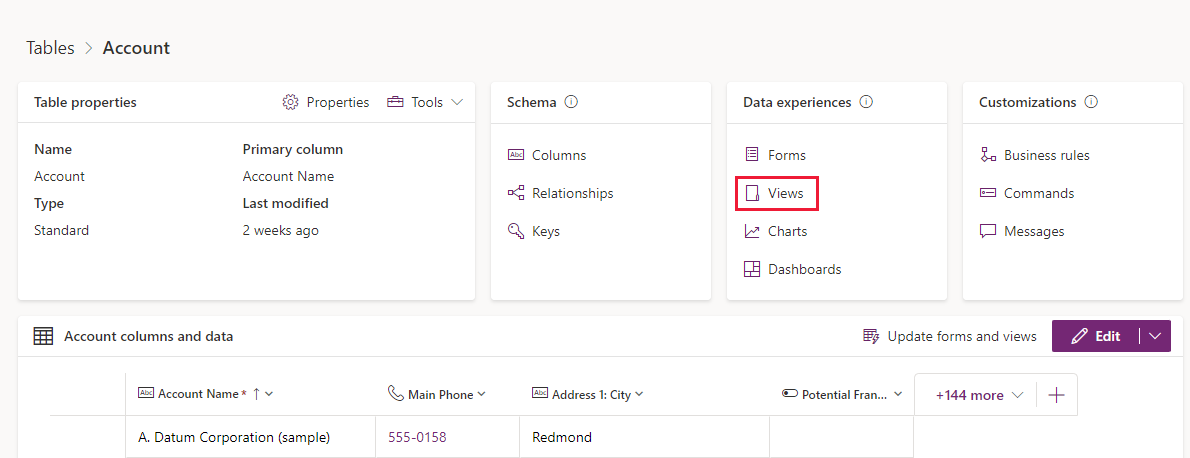 Screenshot of the Tables dashboard with Views highlighted.