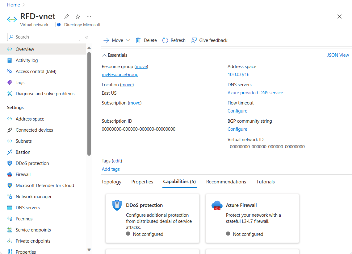 Screenshot of the Azure portal showing an example pane for configuring a virtual network.